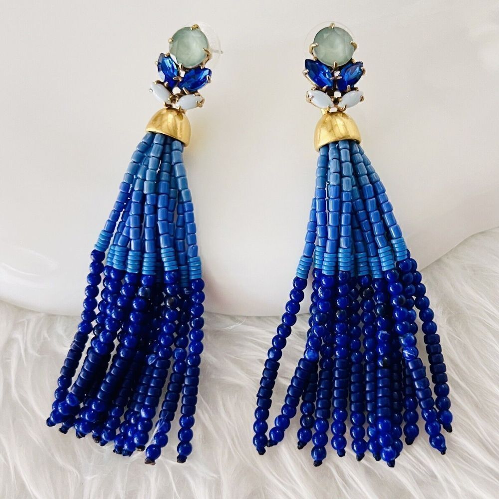 Stella & Dot Iris Beaded Tassel Earrings Rhinestone Blue Shades Gold Tone 4124